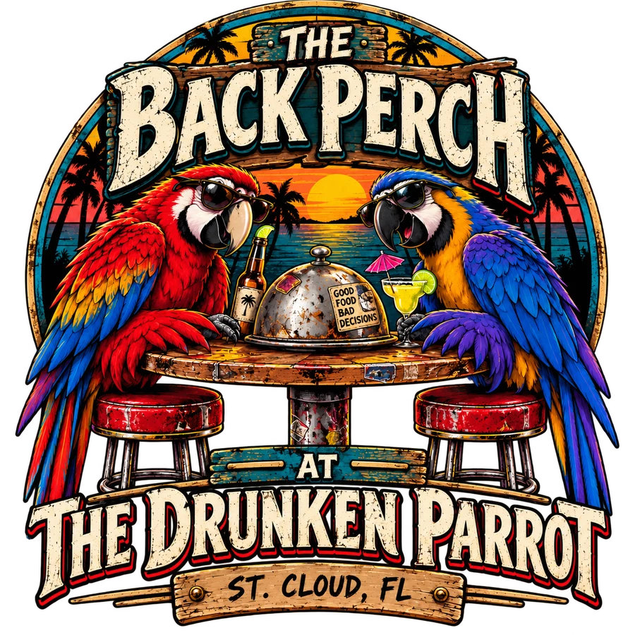 The Back Perch at The Drunken Parrot, St. Cloud: two parrots at a bar table